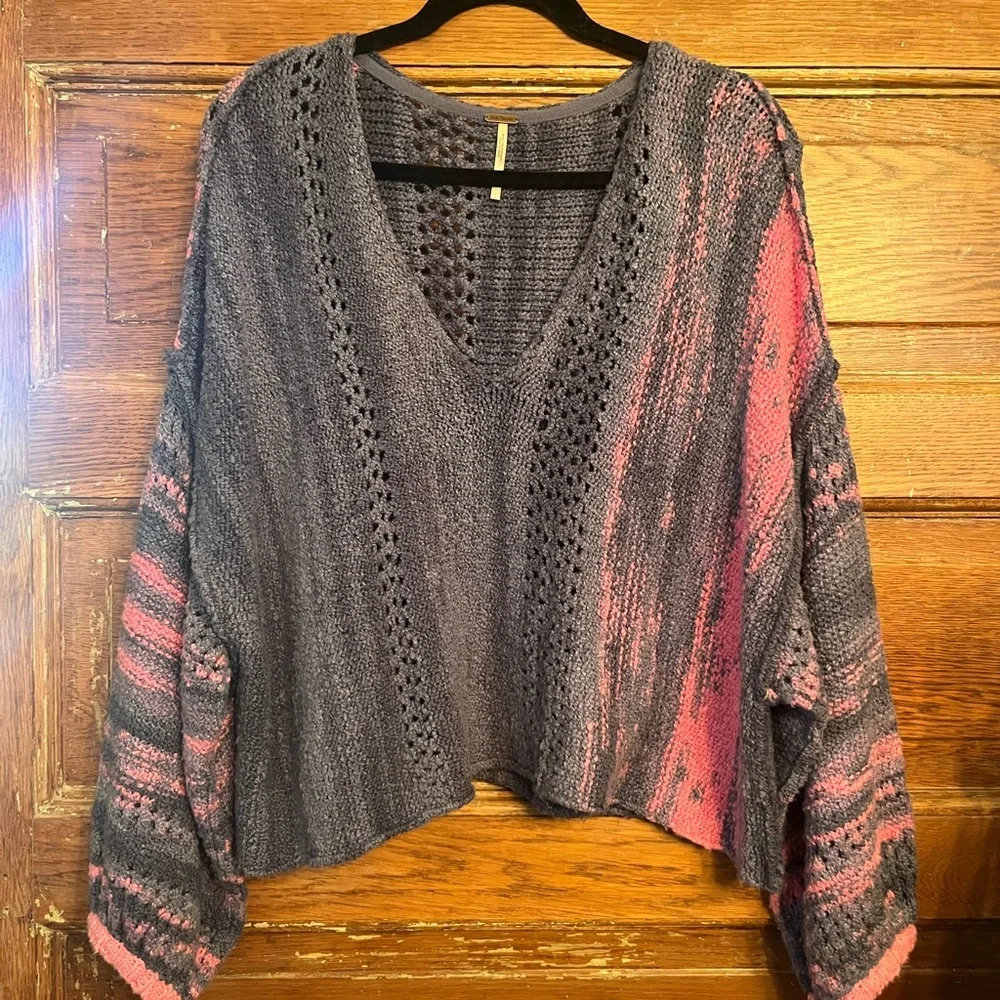 Free People Blue and Pink Off-the-Shoulder Sweater - Picture 3 of 6